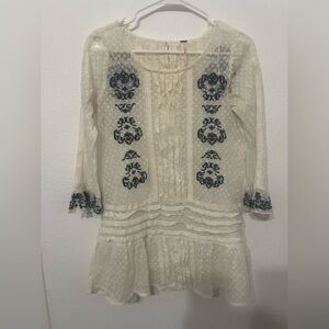 Free People Swiss dot lace top with navy embroidery